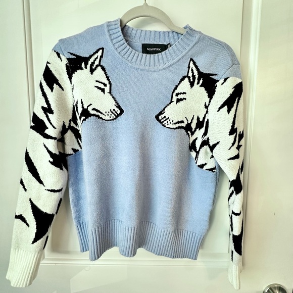 MINKPINK Wolf Pack Knit Sweater Blue White Black Husky Graphic Size Small - Picture 1 of 5